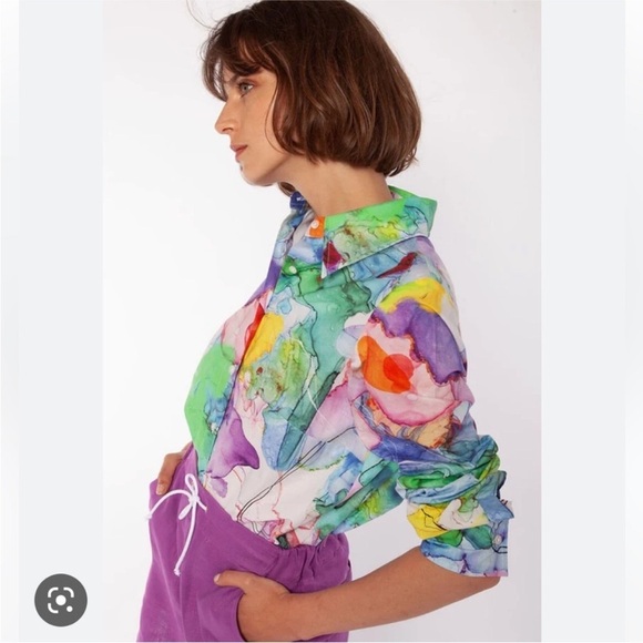 Vilagallo Tops - Vilagallo Mafalda Blouse Button Down Shirt Watercolor Ink Abstract Art To Wear